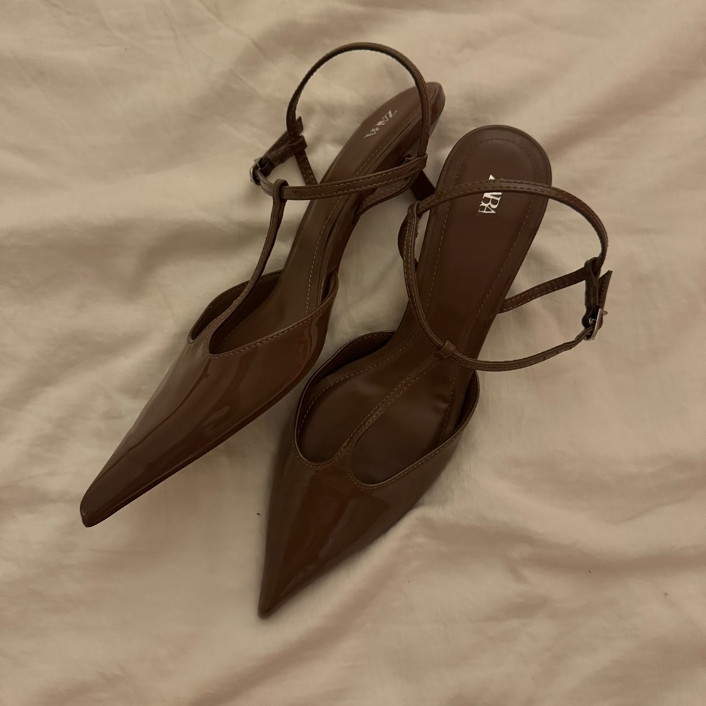 Zara Brown Patent Leather Sling Backs